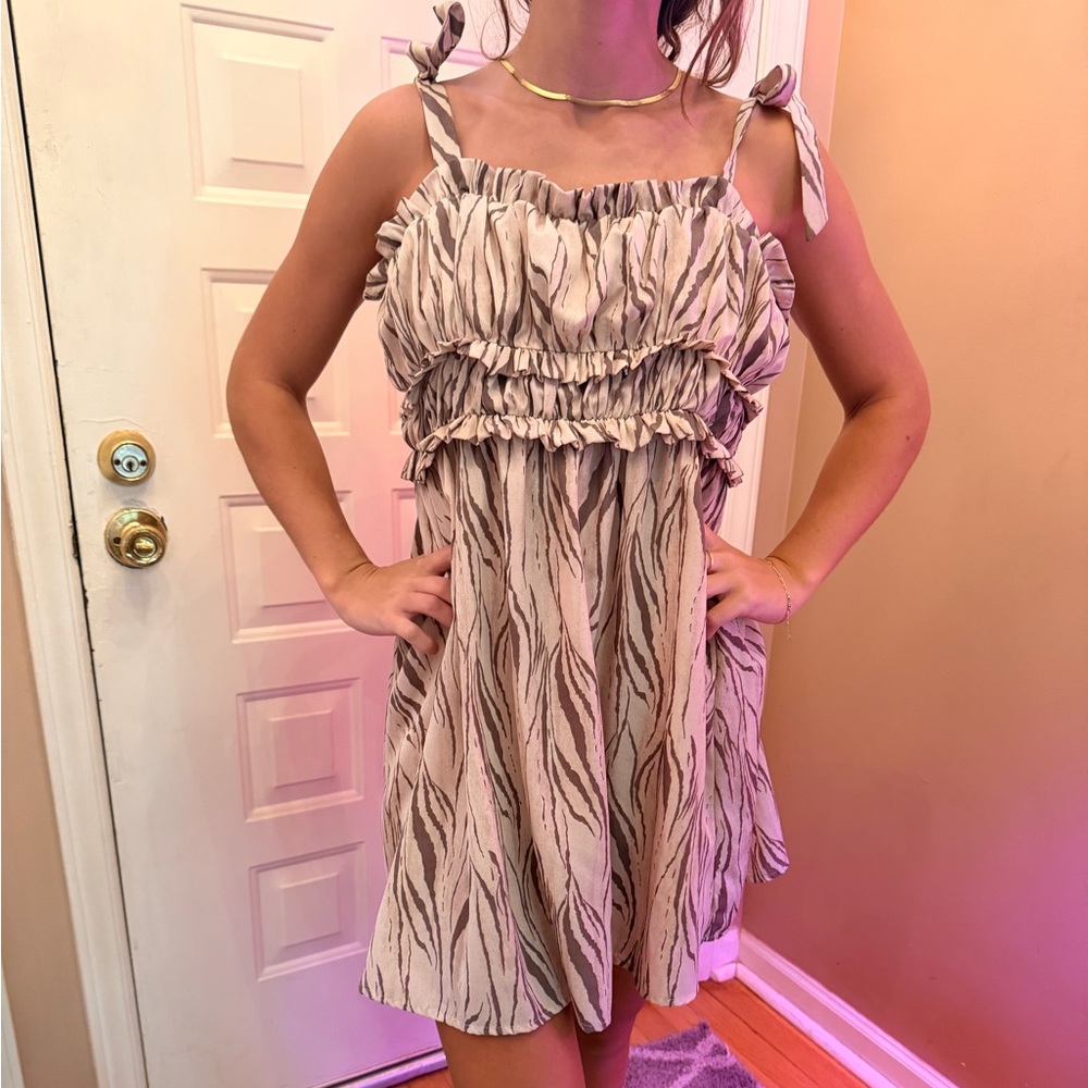 Stylish Beige and Black Ruffle Dress